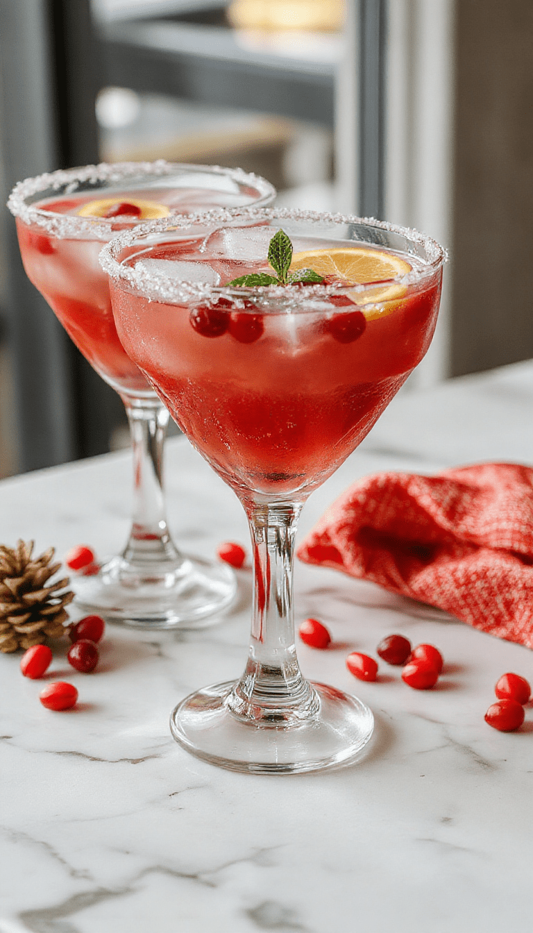 A vibrant Christmas mistletoe margarita in a glamorous glass topped with a sugared rim, garnished with a sprig of fresh mistletoe and lime wedge, set against a winter holiday backdrop with twinkling lights and holiday decor, highlighting the sparkling ice cubes and colorful ingredients.