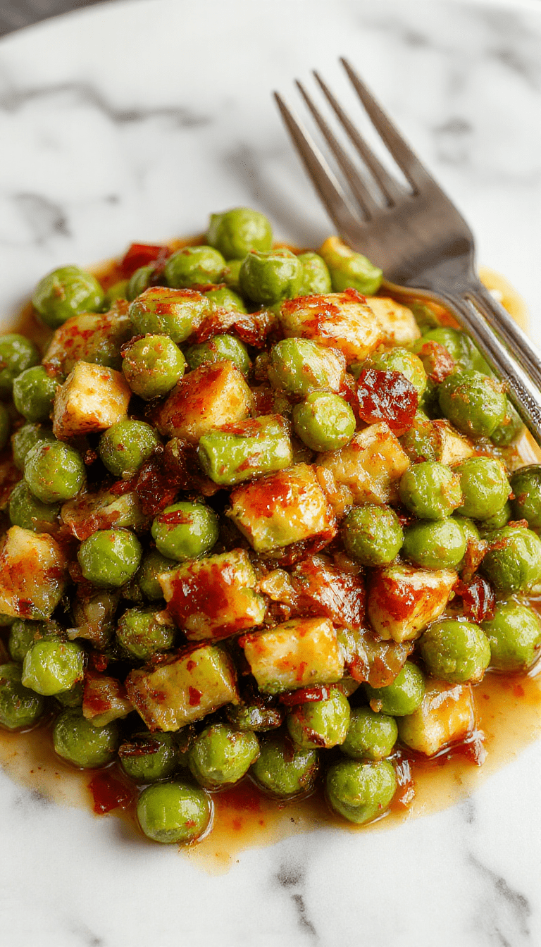 A vibrant plate of cooked green peas garnished with fresh herbs, served alongside roasted turkey and colorful autumnal decor, with a glossy finish and inviting presentation.