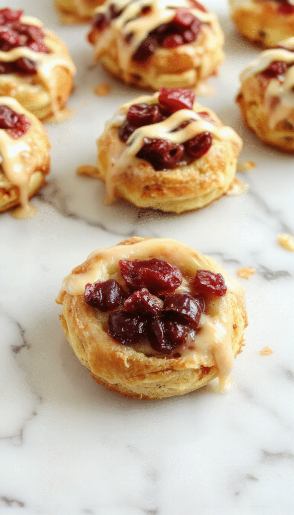 A golden-brown crescent ring filled with tender turkey, vibrant red cranberries, and melted cheese, garnished with fresh herbs on a white plate