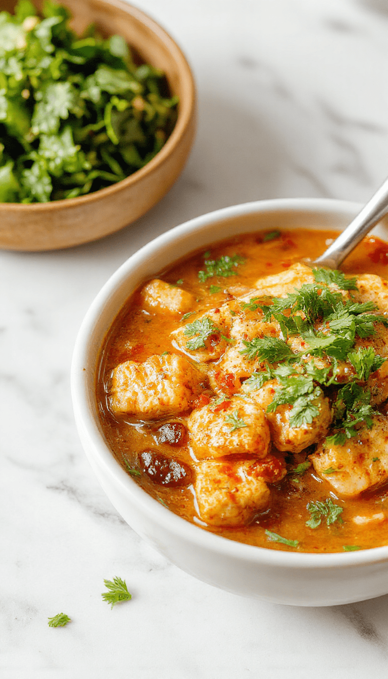 A vibrant bowl of chicken taco soup garnished with fresh cilantro, diced tomatoes, shredded cheese, and tortilla chips on a rustic wooden table, showcasing warm, colorful ingredients and textured toppings.