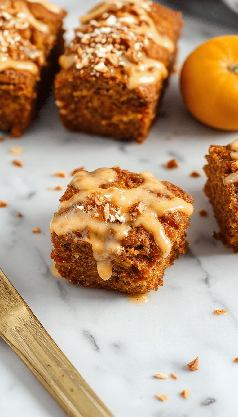 Colorful slice of pumpkin bread topped with golden streusel crumbs and a glossy orange glaze drizzled over the top, with vibrant orange and pumpkin hues, textured crust, and decorative citrus zest garnish.