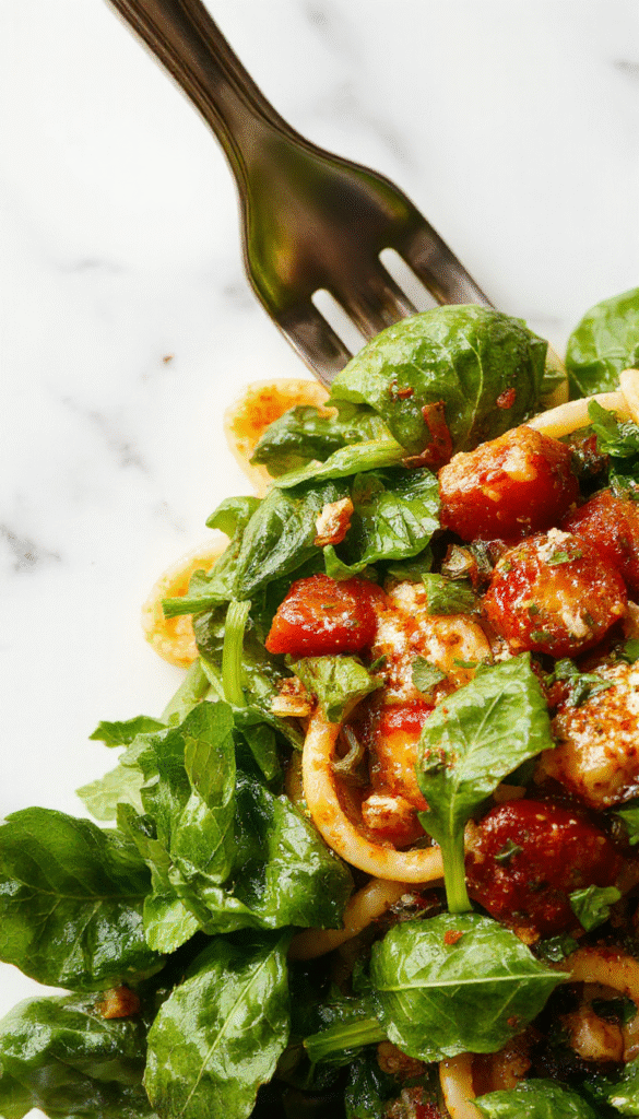 A vibrant plate of spinach and cherry tomato pasta garnished with fresh basil leaves, showcasing bright green spinach, juicy red tomatoes, and al dente pasta on a rustic wooden table, styled with a drizzle of olive oil and grated cheese for an inviting look.