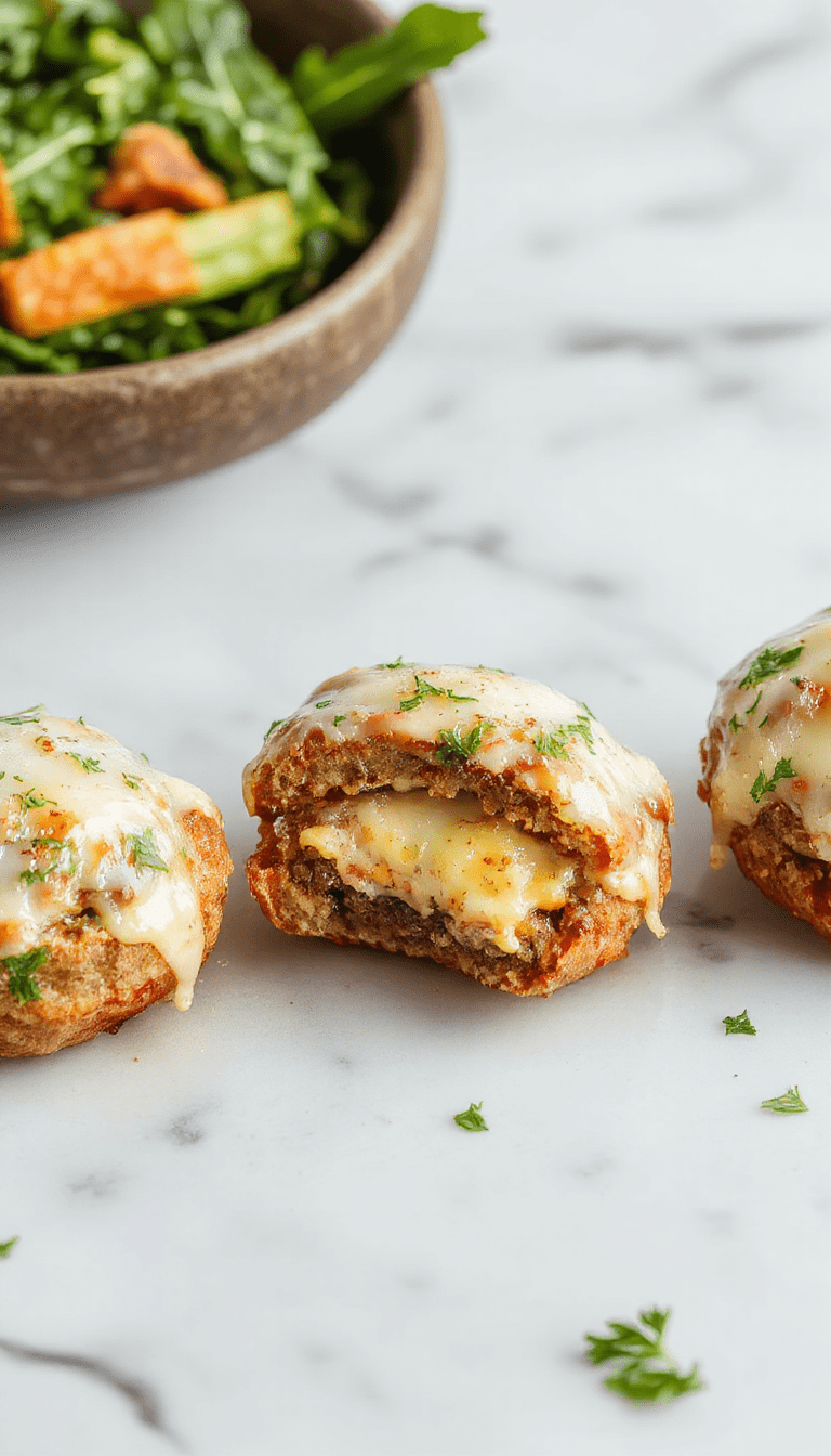 A close-up shot of golden-brown cheeseburger bombs drizzled with melted cheese and sprinkled with chopped parsley on a rustic wooden platter, with fresh lettuce and tomato slices in the background, showcasing crispy textures and appetizing presentation.