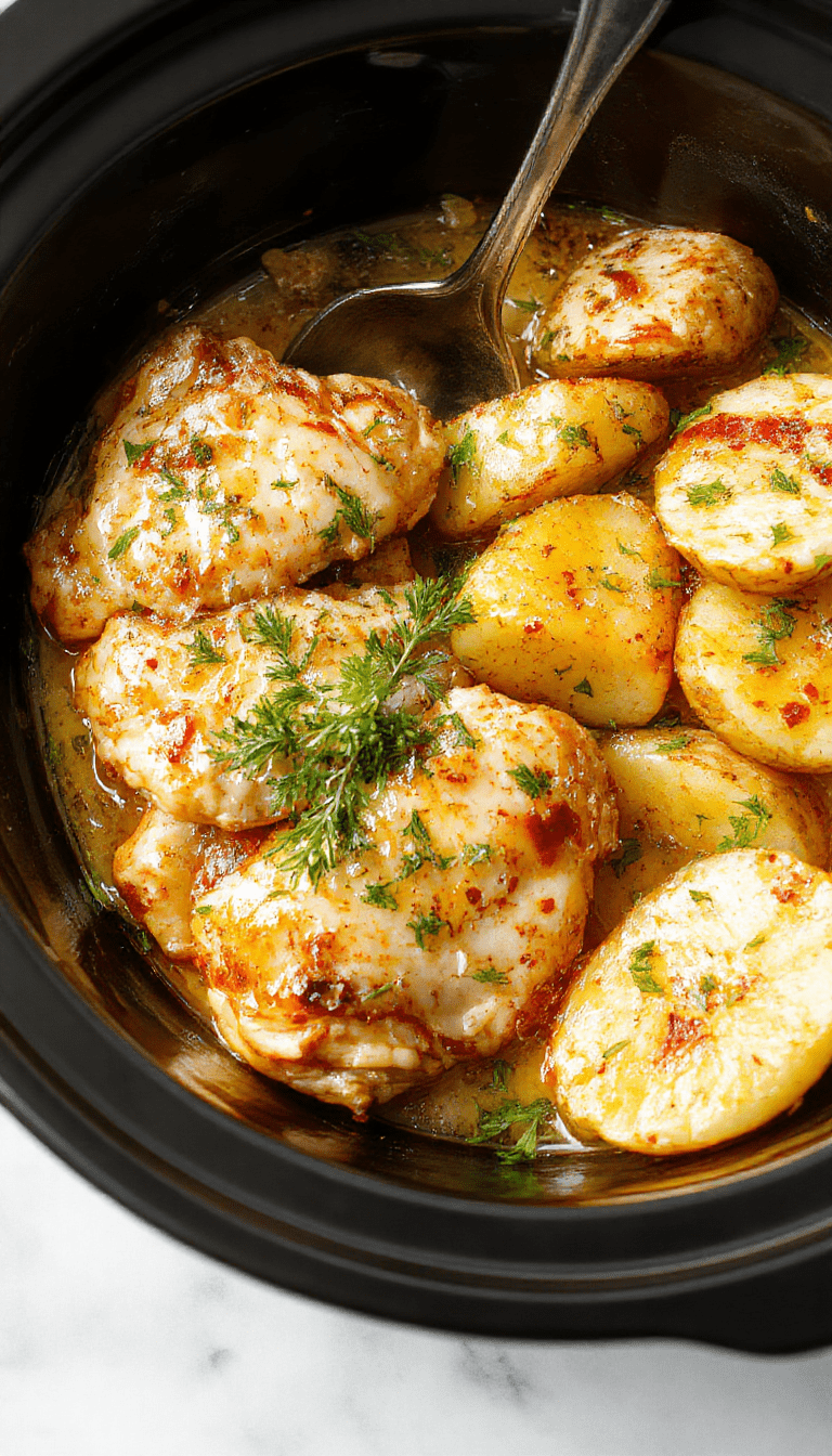 A hearty serving of garlic parmesan chicken and crispy potatoes arranged on a rustic plate, garnished with fresh parsley. The dish features golden-brown chicken pieces coated in a creamy parmesan sauce, surrounded by tender roasted potatoes with a light breadcrumb crust. The vibrant colors of the dish contrast beautifully with the white background, emphasizing its savory and inviting appearance.