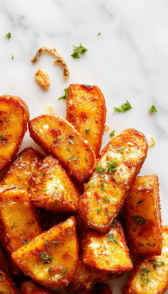 A vibrant plate of crispy garlic parmesan sweet potato wedges arranged neatly on a rustic wooden surface, garnished with fresh parsley, showing golden-brown edges contrasting with purple and orange hues of sweet potatoes, with a sprinkle of grated parmesan and minced garlic in the background.
