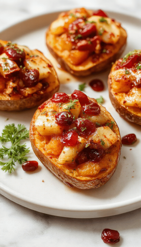 A vibrant plated dish showing sliced sweet potatoes topped with glossy cranberry and apple mixture, garnished with fresh herbs, with a warm, rustic backdrop highlighting the colorful ingredients and textured toppings.