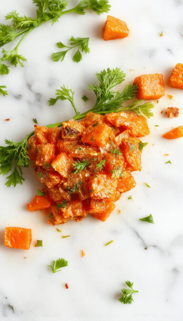 A vibrant colorful plate featuring smashed carrots in a rustic white bowl. The carrots are bright orange with a slightly mashed, chunky texture topped with fresh herbs. The background shows a wooden table and scattered fresh carrots, with soft natural lighting highlighting the freshness and appeal.