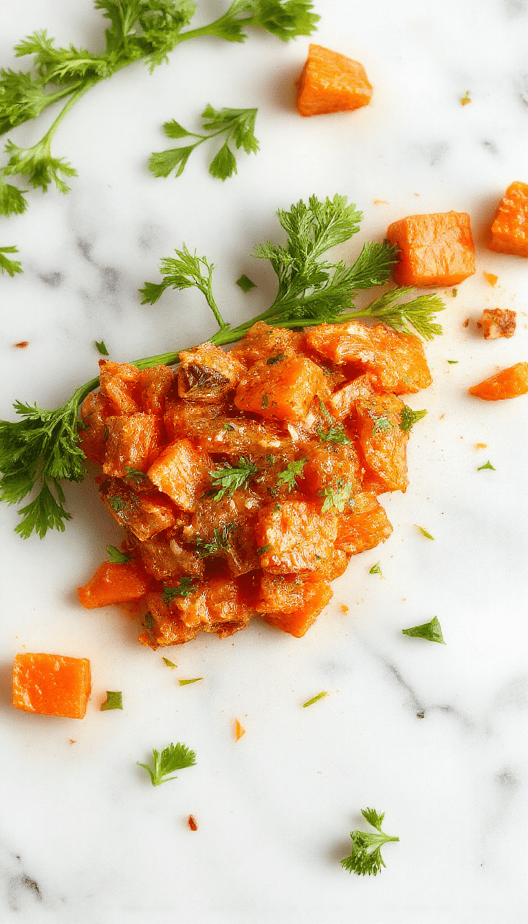 A vibrant colorful plate featuring smashed carrots in a rustic white bowl. The carrots are bright orange with a slightly mashed, chunky texture topped with fresh herbs. The background shows a wooden table and scattered fresh carrots, with soft natural lighting highlighting the freshness and appeal.