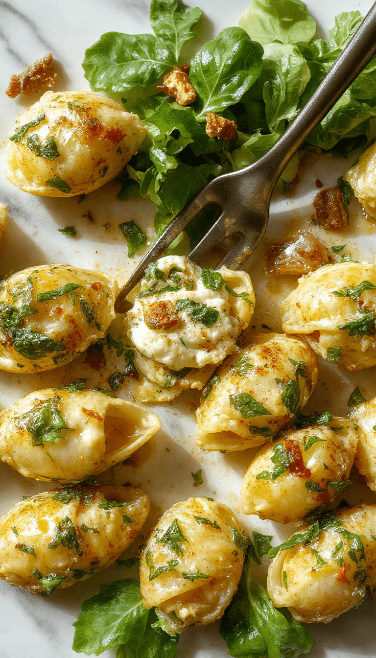 A vibrant plate of stuffed pasta shells filled with bright green spinach and creamy ricotta cheese, topped with melted cheese and fresh basil, arranged on a white ceramic plate with a fork on the side, showcasing the colorful, textured dish against a rustic wooden table.