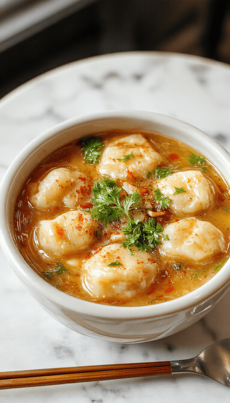 A vibrant bowl of Asian dumpling potsticker soup featuring golden-brown potstickers floating atop a steaming, clear broth garnished with chopped green onions and sesame seeds, set on a rustic wooden table with chopsticks and fresh herbs in the background