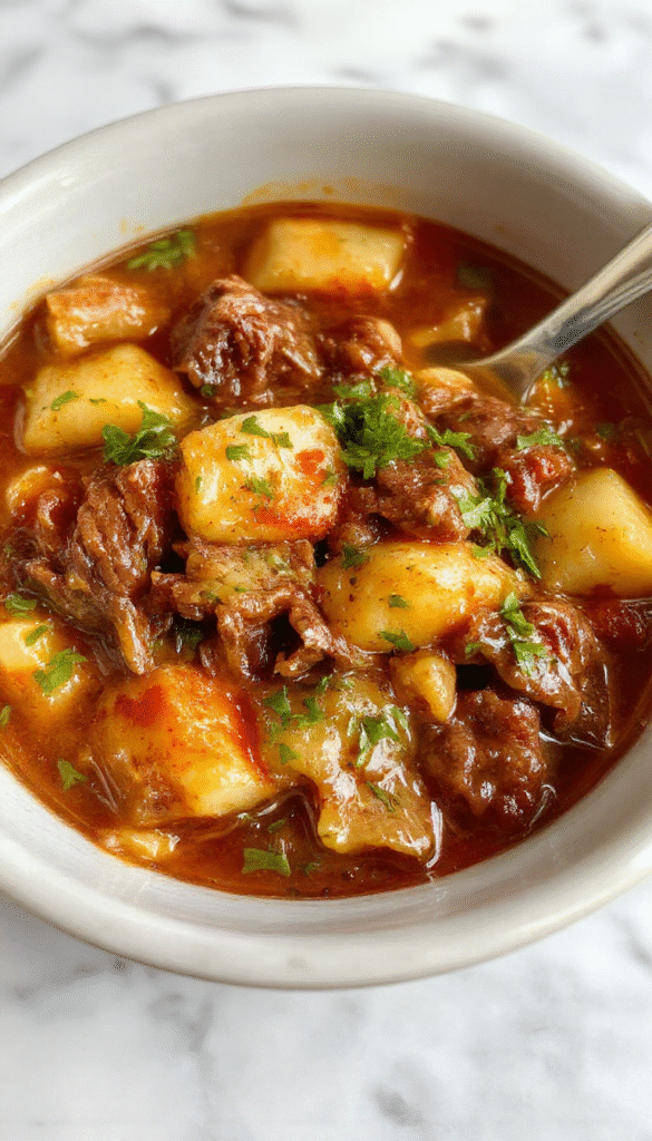 A rustic white bowl filled with thick, tender beef chunks, carrots, potatoes, and celery in a rich gravy. The bowl is placed on a wooden surface with fresh herbs sprinkled on top, showcasing a steaming, colorful, and hearty beef stew with visible textures of vegetables and meat, styled for a cozy, inviting atmosphere.