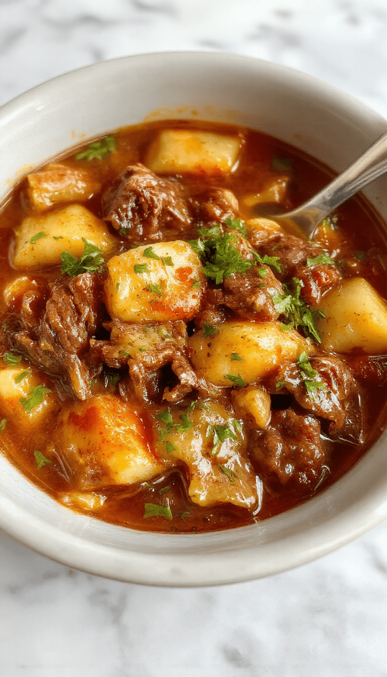 A rustic white bowl filled with thick, tender beef chunks, carrots, potatoes, and celery in a rich gravy. The bowl is placed on a wooden surface with fresh herbs sprinkled on top, showcasing a steaming, colorful, and hearty beef stew with visible textures of vegetables and meat, styled for a cozy, inviting atmosphere.