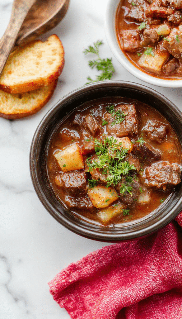 A steaming bowl of hearty beef stew garnished with fresh herbs, placed on a rustic wooden table. The stew features tender chunks of beef, sliced carrots, potatoes, and celery in a rich, glossy brown gravy. The vibrant orange and green vegetables contrast beautifully with the deep brown beef, creating an inviting and homely presentation with a cozy, warm atmosphere.