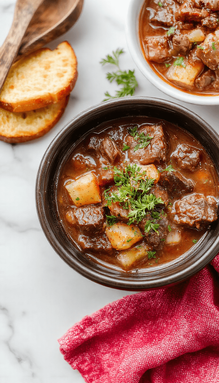 A steaming bowl of hearty beef stew garnished with fresh herbs, placed on a rustic wooden table. The stew features tender chunks of beef, sliced carrots, potatoes, and celery in a rich, glossy brown gravy. The vibrant orange and green vegetables contrast beautifully with the deep brown beef, creating an inviting and homely presentation with a cozy, warm atmosphere.
