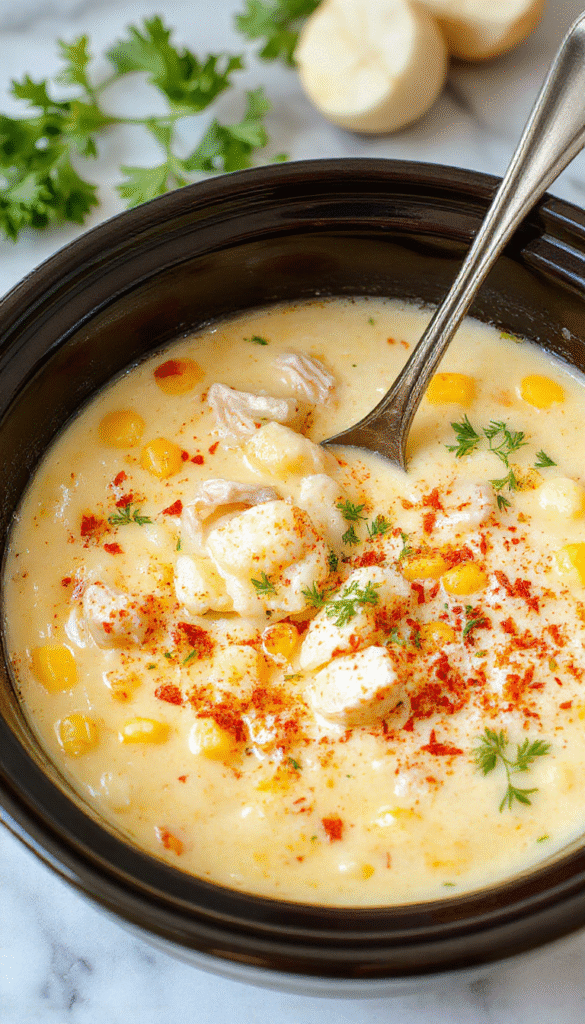 A steaming bowl of creamy chicken corn chowder with golden yellow corn kernels, tender shredded chicken, and a rich, velvety broth garnished with fresh herbs, served in a rustic white bowl on a wooden table, with a side of crusty bread and a spoon, vibrant colors and textures evoking warmth and comfort.