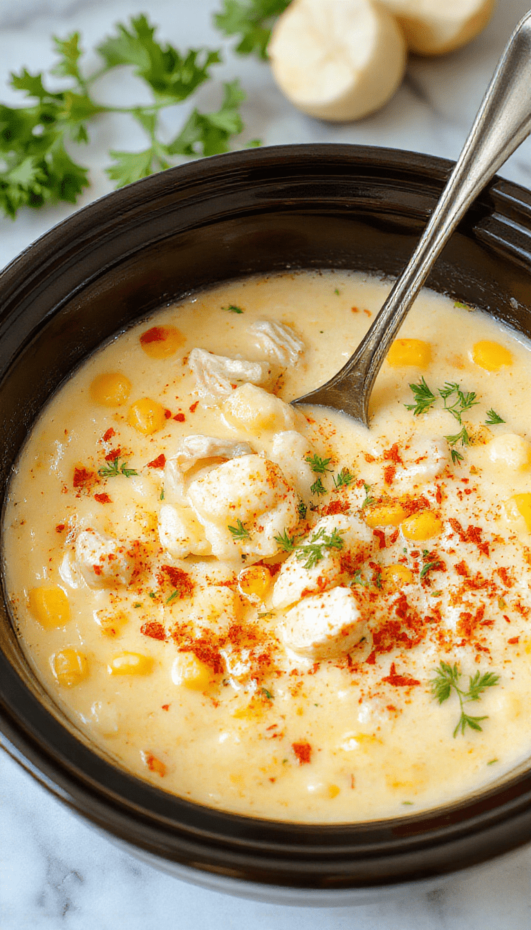 A steaming bowl of creamy chicken corn chowder with golden yellow corn kernels, tender shredded chicken, and a rich, velvety broth garnished with fresh herbs, served in a rustic white bowl on a wooden table, with a side of crusty bread and a spoon, vibrant colors and textures evoking warmth and comfort.