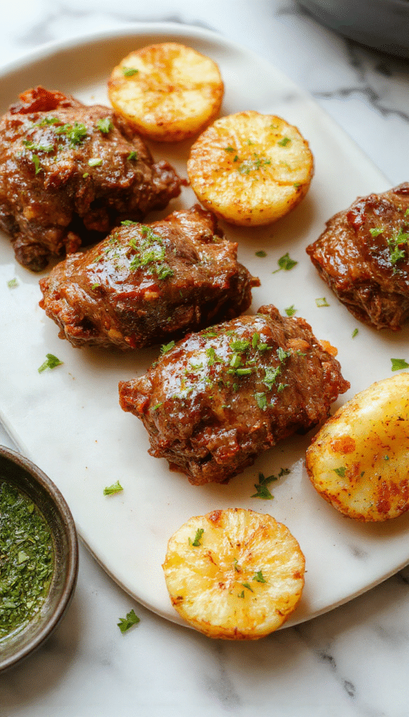 Colorful plate featuring tender beef bites coated in glossy garlic butter sauce, garnished with fresh herbs, served alongside golden roasted potatoes with crispy edges, all presented on a rustic wooden table with vibrant greenery in the background.