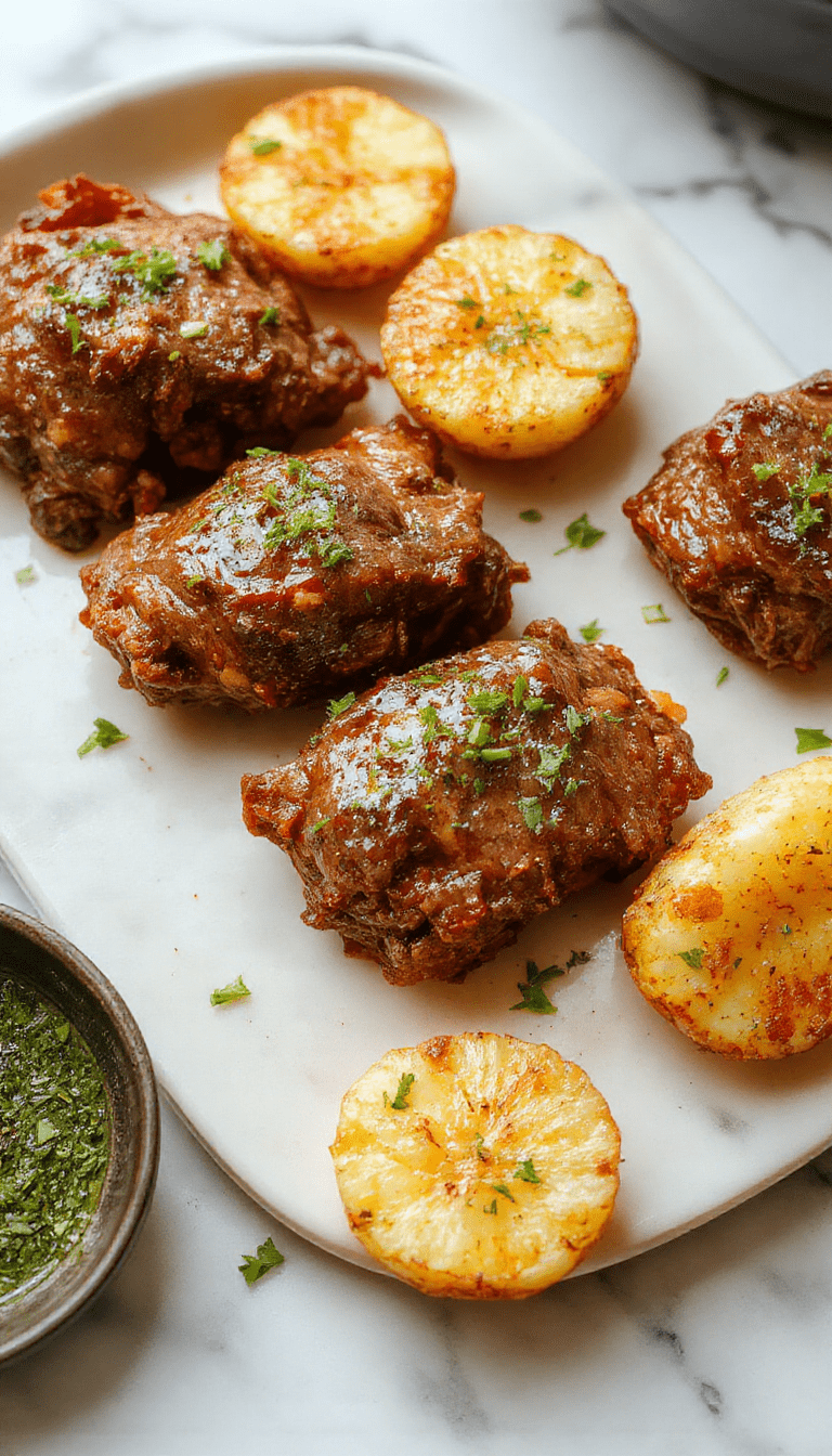 Colorful plate featuring tender beef bites coated in glossy garlic butter sauce, garnished with fresh herbs, served alongside golden roasted potatoes with crispy edges, all presented on a rustic wooden table with vibrant greenery in the background.