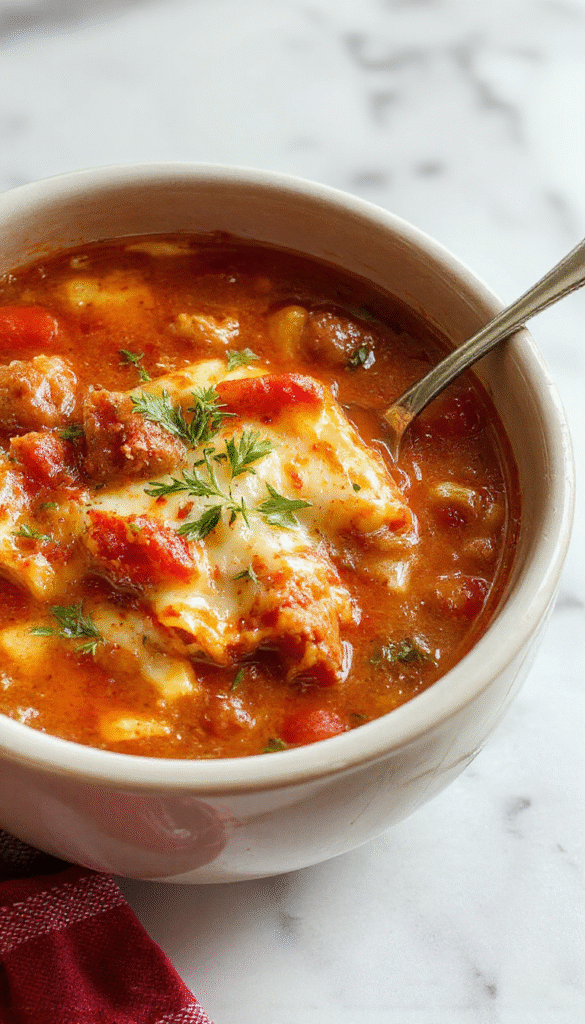 A vibrant bowl of lasagna soup with layers of rich tomato broth, melted cheese, and tender pasta, garnished with fresh basil and grated Parmesan, set against a rustic wooden background with a spoon resting on the side.