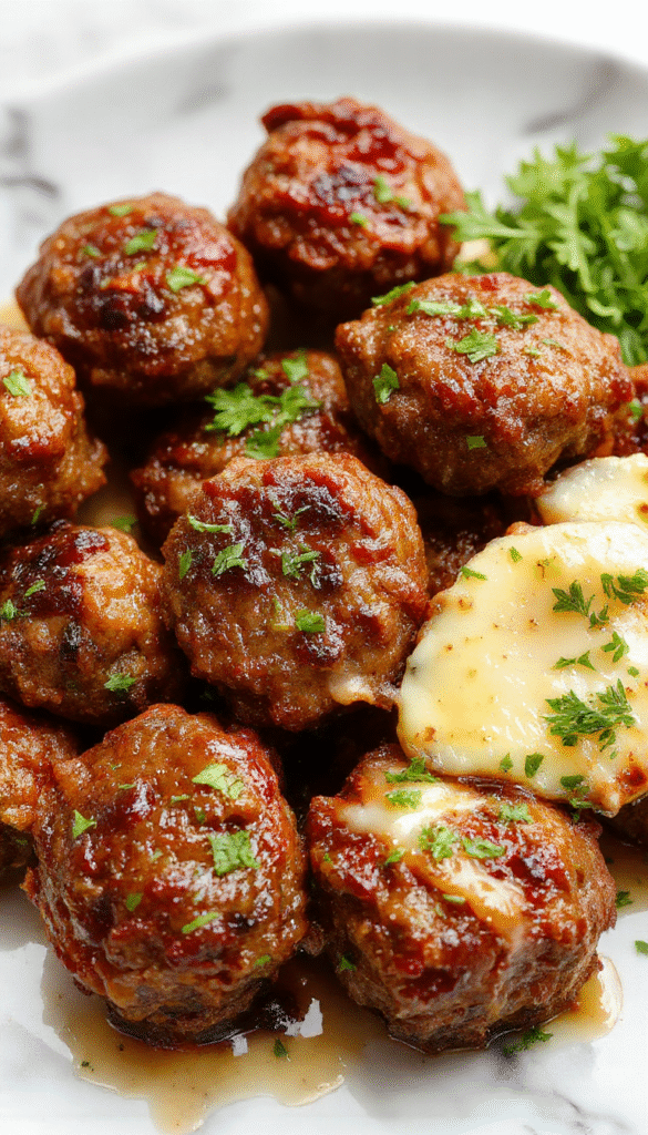 A close-up of tender beef bites coated in rich garlic butter sauce, served on a rustic wooden board with fresh herbs and garlic cloves scattered around, showcasing a vibrant golden-brown crust and juicy interior.