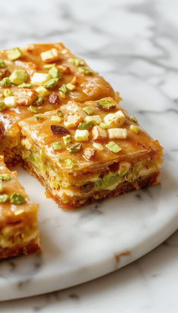 A luscious slice of Honey Pistachio Baklava Cheesecake with a golden honey glaze on top, garnished with chopped pistachios and flaky baklava layers, set on a rustic wooden plate with a drizzle of honey and sprigs of fresh mint, vibrant colors and inviting textures highlight the rich layers and crunchy toppings.