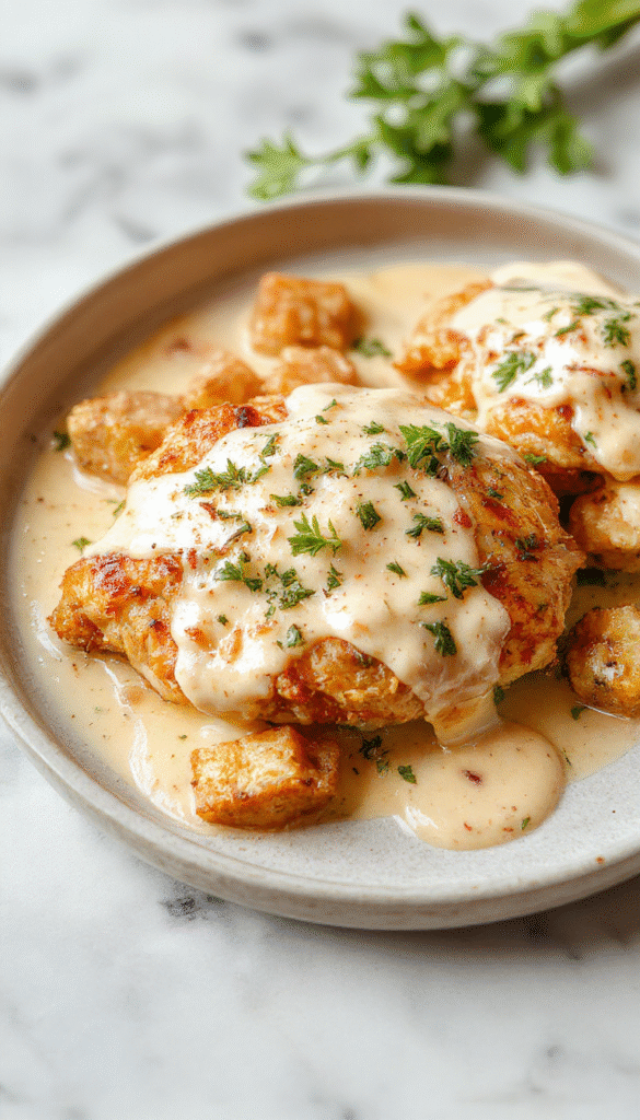 A beautifully plated Irish chicken in whiskey cream sauce with a rich, creamy sauce drizzled over tender chicken pieces, garnished with fresh herbs, served on a rustic white plate with a side of buttered potatoes and green vegetables, set against a dark wooden table with a glass of whiskey in the background.