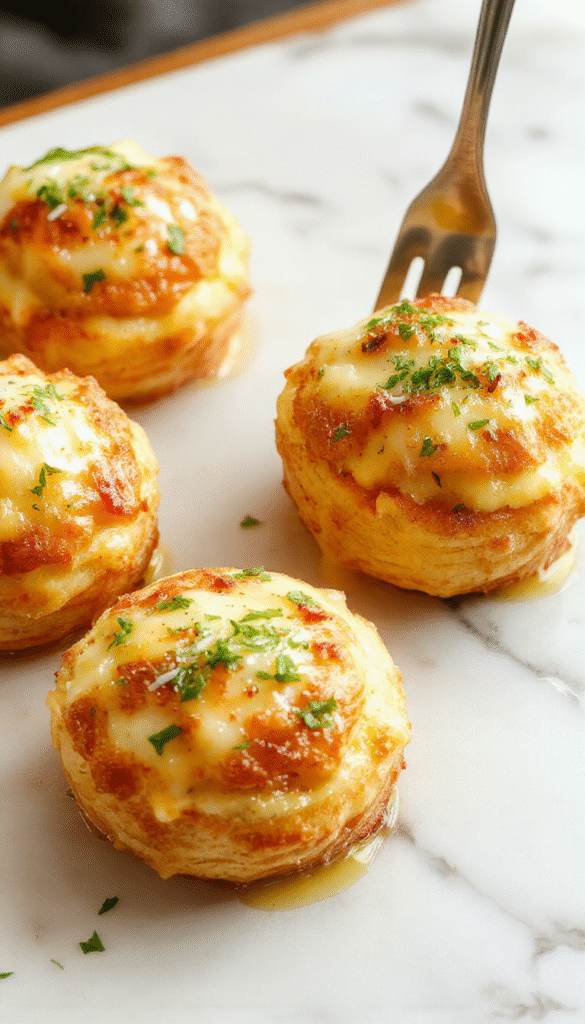 A close-up of golden-brown cheesy mashed potato puffs arranged on a rustic white plate, garnished with fresh herbs, with a crispy exterior and cheesy filling visible inside, styled on a wooden table with a sprinkle of herbs nearby.