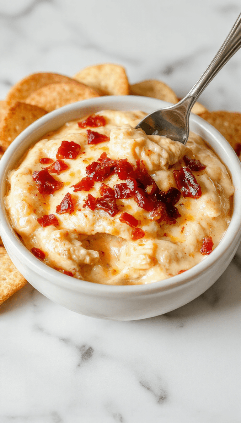 A creamy, golden-brown cheese dip infused with crispy bacon bits and drizzled with rich maple syrup, served in a rustic bowl with garnish of chopped bacon and fresh herbs. The dip appears smooth and cheesy, with crunchy bacon accents, set against a warm, inviting background with a wooden table and colorful dipping ingredients nearby.
