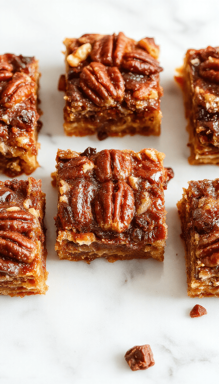 Colorful image of golden-brown pecan pie bars arranged on a rustic wooden platter, topped with glossy caramelized pecans and a sprinkle of powdered sugar, styled with a vintage fork on the side, with a blurred background highlighting the inviting textures of the flaky crust and crunchy pecan topping.