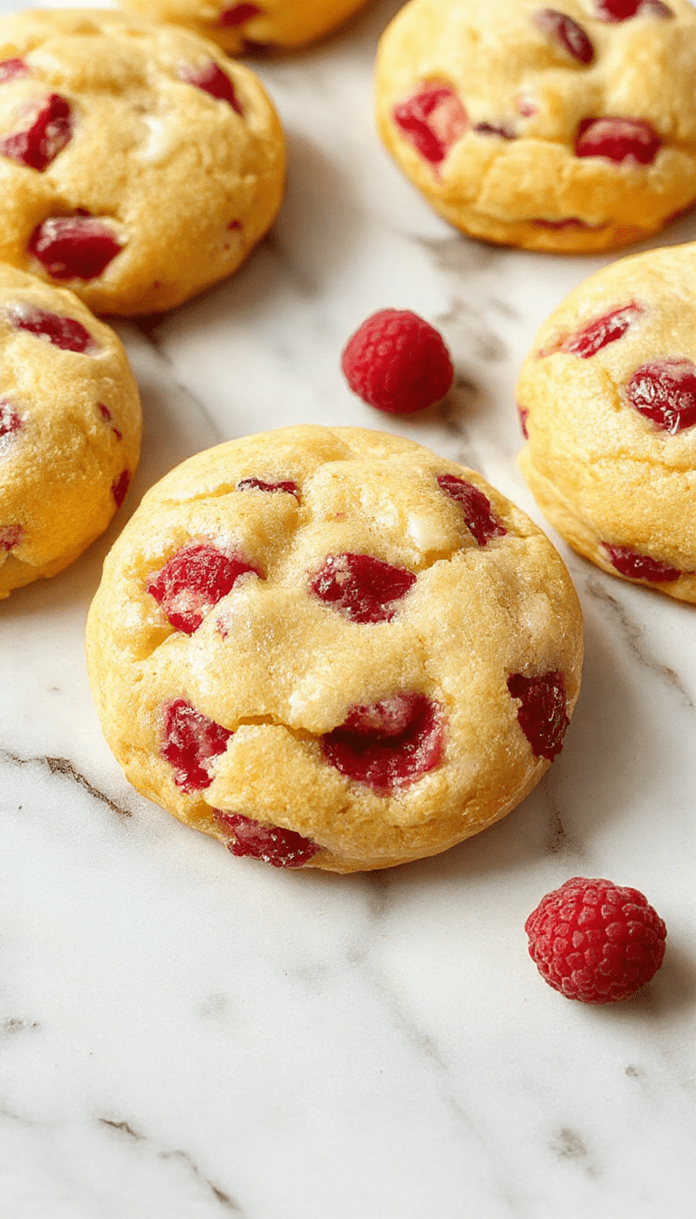 A vibrant plate of lemon raspberry cookies with a glossy raspberry glaze and lemon zest garnish, styled on a rustic wooden surface with fresh raspberries and lemon slices in the background, showcasing bright colors and crisp textures.