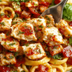 A vibrant Mediterranean chicken pasta salad presented in a white bowl with colorful chopped vegetables like cherry tomatoes, cucumbers, red onions, and olives. The salad features tender grilled chicken slices, crumbled feta cheese, and fresh herbs sprinkled on top. The dressing glistens and the salad is garnished with a drizzle of olive oil and lemon wedges, set against a rustic wooden table with a Mediterranean ambiance.