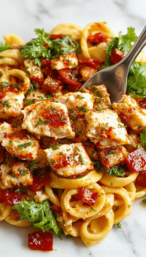 A vibrant Mediterranean chicken pasta salad presented in a white bowl with colorful chopped vegetables like cherry tomatoes, cucumbers, red onions, and olives. The salad features tender grilled chicken slices, crumbled feta cheese, and fresh herbs sprinkled on top. The dressing glistens and the salad is garnished with a drizzle of olive oil and lemon wedges, set against a rustic wooden table with a Mediterranean ambiance.