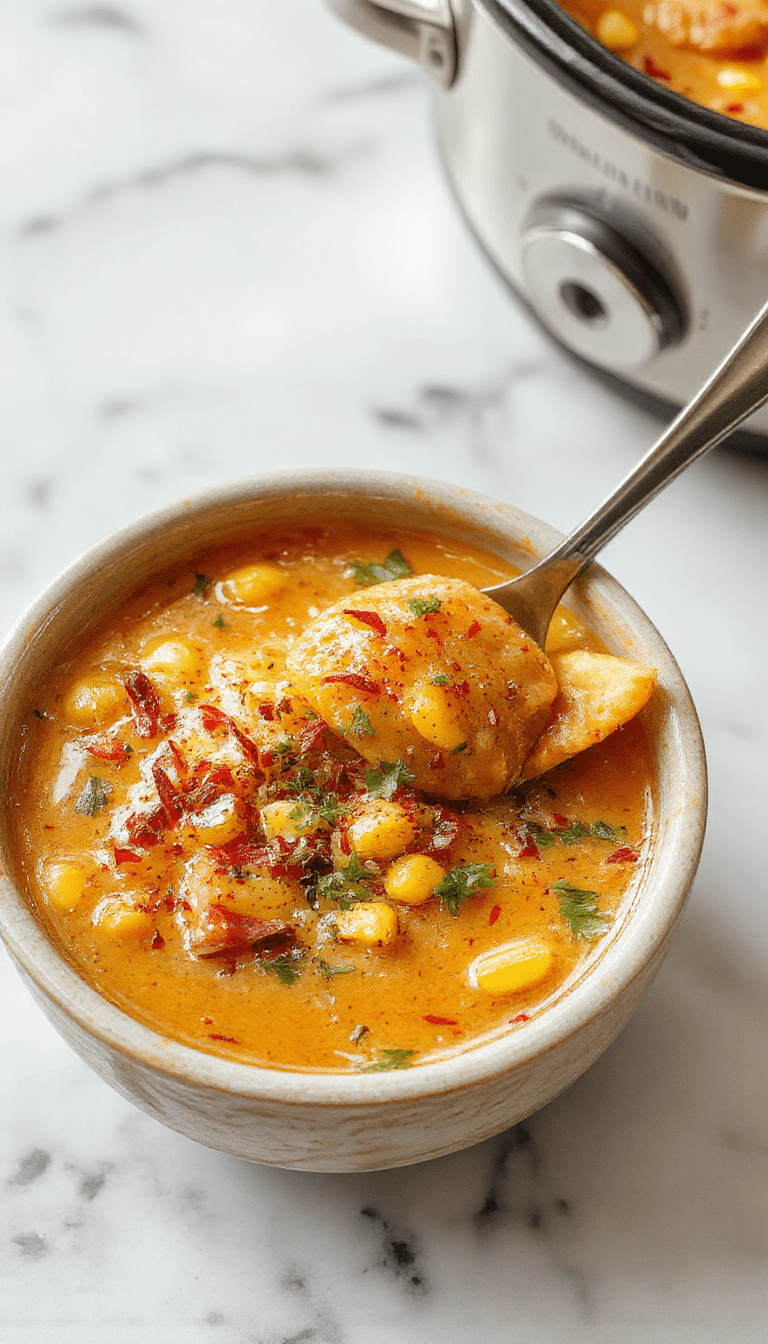 A vibrant bowl of Mexican street corn soup with bright yellow kernels, garnished with cilantro and crumbled cheese, served with corn tortilla chips on a rustic wooden table.