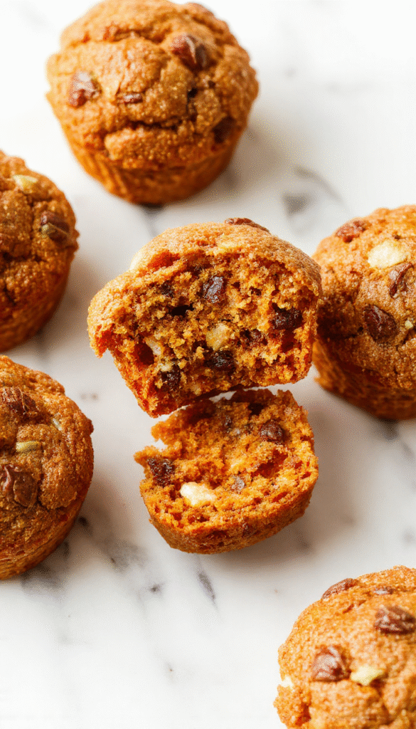 A close-up of golden-brown pumpkin cottage cheese muffins arranged on a white plate, topped with a sprinkle of cinnamon, with a rustic wooden background and a few pumpkin pieces for garnish, showcasing their moist and fluffy texture.
