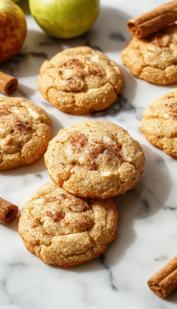 A close-up of freshly baked apple cinnamon snickerdoodle cookies with a golden-brown exterior, sprinkled with cinnamon sugar, arranged on a rustic wooden platter with a few sliced apples and cinnamon sticks in the background, styled with a cozy, inviting setting.