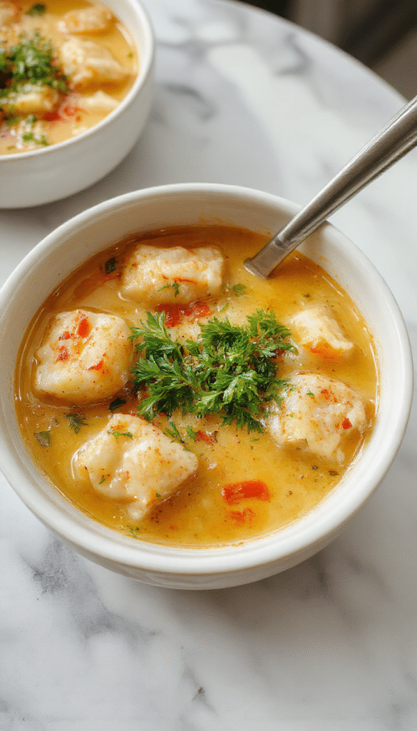A steaming bowl of potsticker soup featuring golden-brown potstickers nestled in a clear savory broth, garnished with chopped green onions and fresh herbs, with a rustic wooden table background and vibrant ingredients scattered around.
