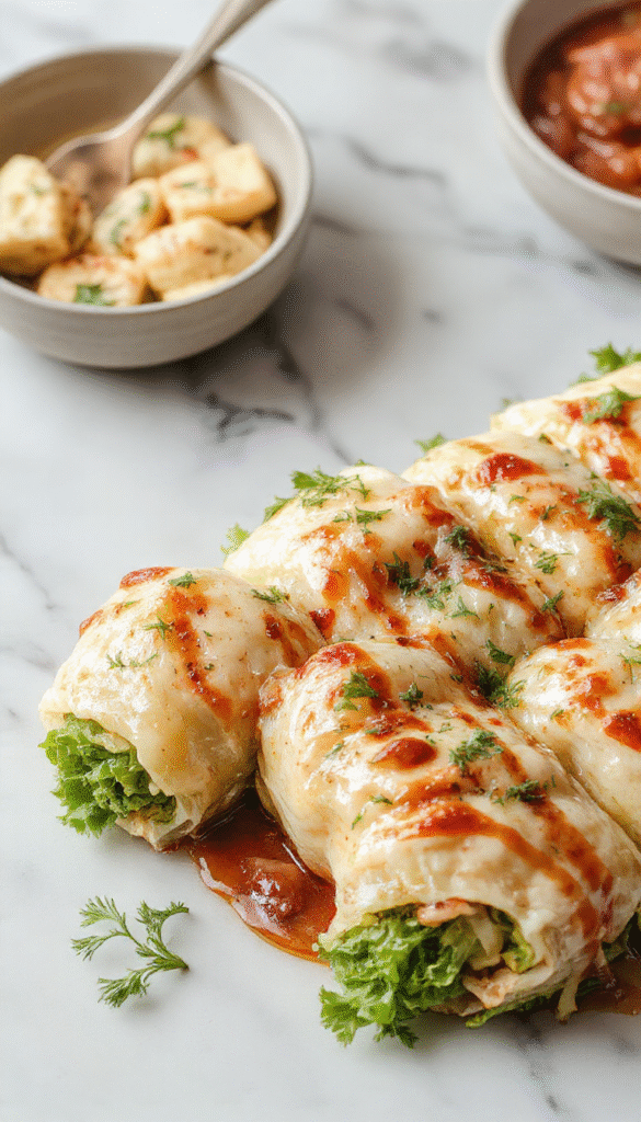 A vibrant plate featuring rolled cabbage stuffed with seasoned ground meat and rice, topped with tomato sauce, garnished with fresh herbs, captured in natural lighting showcasing textures and colors.