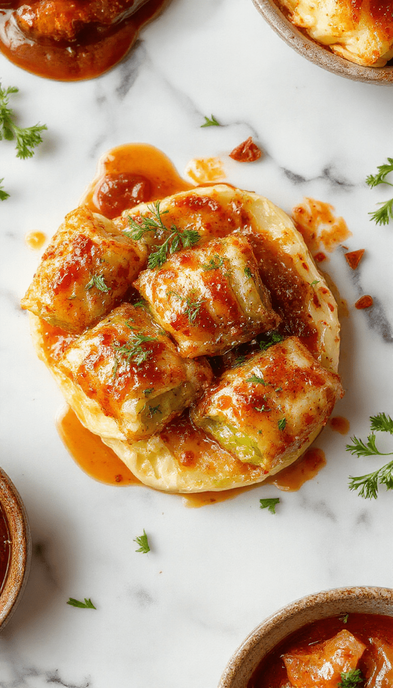 A vibrant plate of cabbage rolls wrapped in tender, golden cabbage leaves filled with seasoned meat and rice, topped with tomato sauce and garnished with fresh herbs, presented on a rustic wooden table with a side of green salad