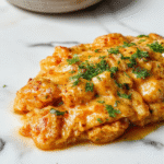 A vibrant plate of homemade butter chicken featuring tender pieces of chicken covered in a rich, creamy tomato-based sauce with a golden hue. The dish is garnished with fresh cilantro and served alongside fluffy rice with steam rising, capturing a cozy, inviting atmosphere with a rustic wooden background and glossy surface that highlights the luscious textures of the dish.