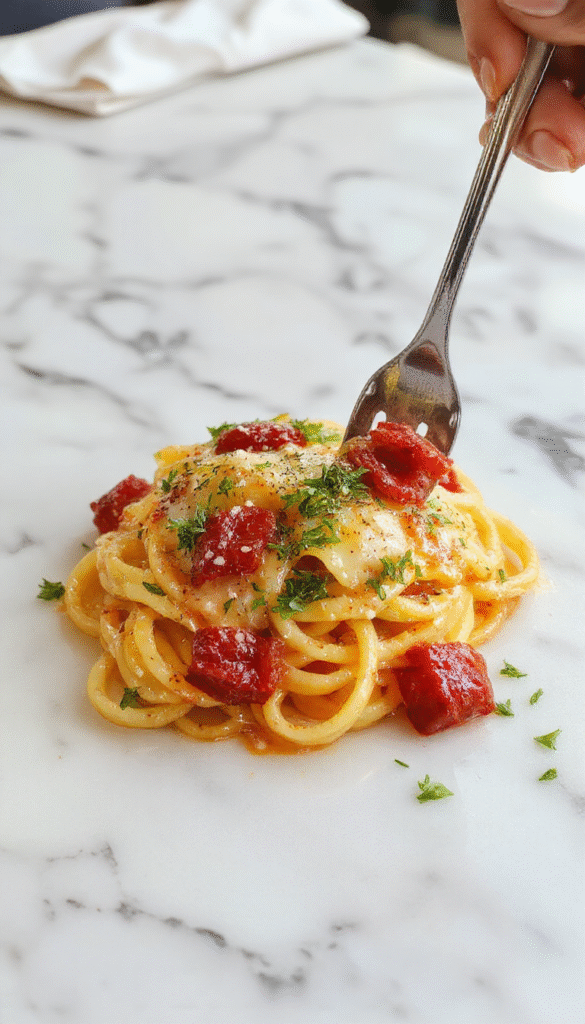 A vibrant plate of Marry Me Tortellini featuring golden-brown tortellini stuffed with cheese, drizzled with fresh herbs and a light sauce, garnished with cherry tomatoes and basil leaves on a rustic white plate placed on a wooden table with a soft focus background.