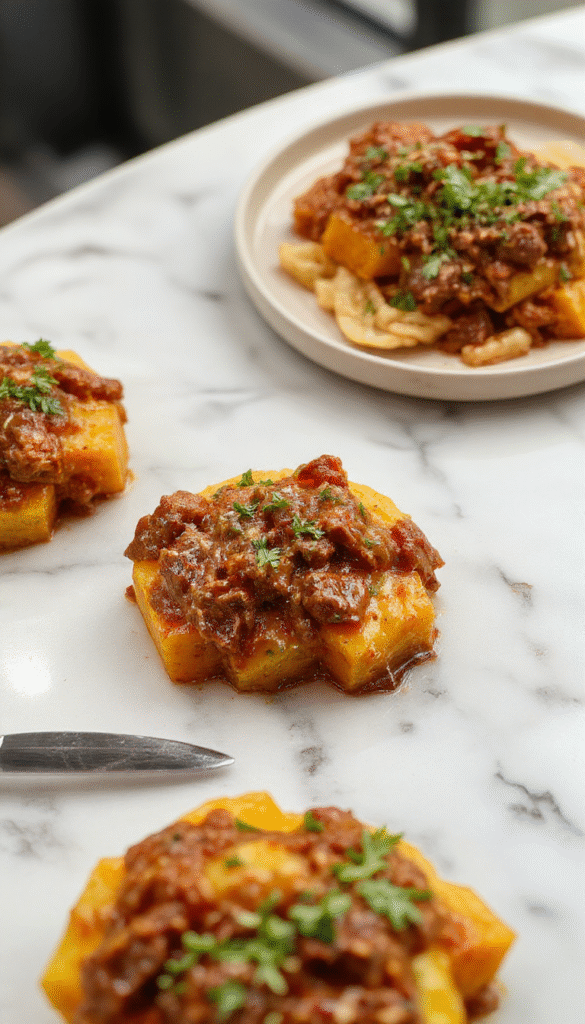 A vibrant bowl of pumpkin beef bolognese featuring rich, orange-hued pumpkin and tender ground beef topped with fresh herbs, served over pasta on a rustic wooden table with a green garnish and a side of crusty bread.