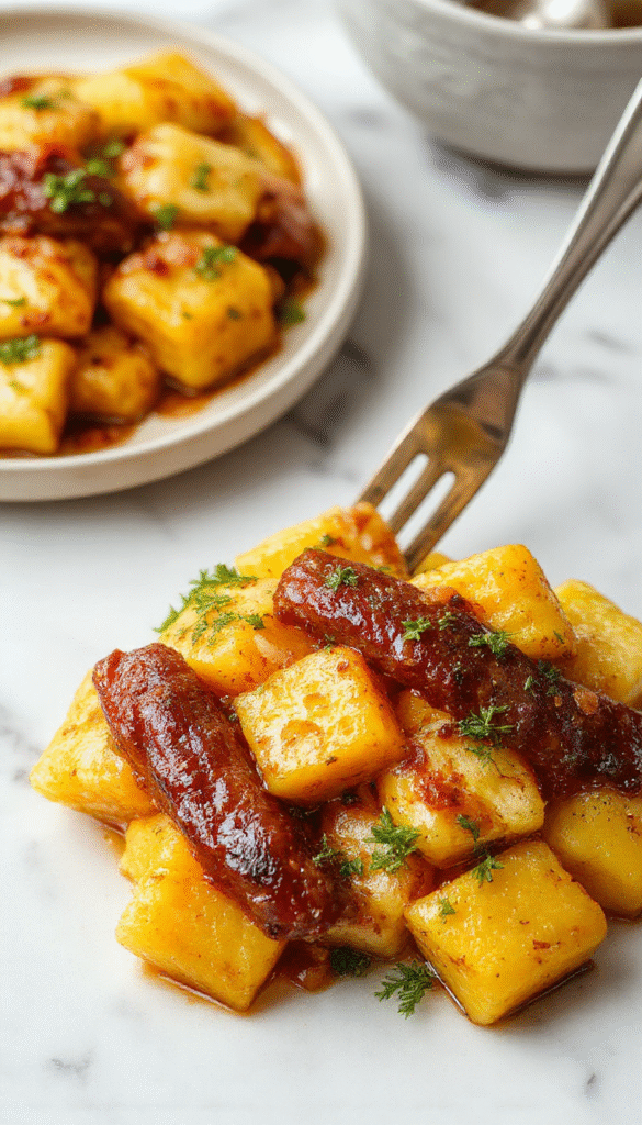 A vibrant plate of creamy butternut squash gnocchi topped with crispy sausage slices, garnished with fresh herbs on a rustic wooden table, showcasing smooth, golden-orange gnocchi with a rich sauce and textured sausage pieces.