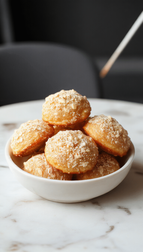 Colorful plate of crispy baked churro bites coated in cinnamon sugar, perfectly round with golden-brown exterior, garnished with drizzles of chocolate and powdered sugar, styled on a rustic wooden surface with a pastel background