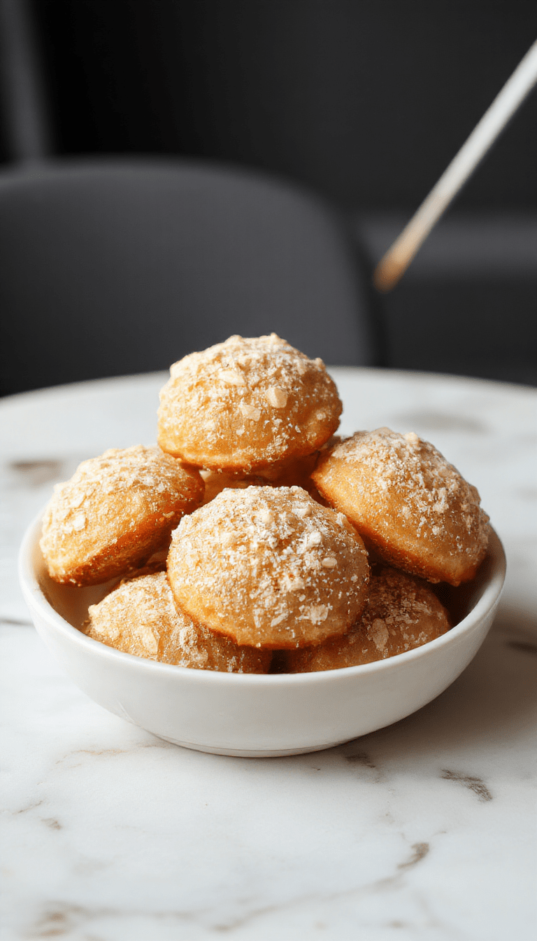 Colorful plate of crispy baked churro bites coated in cinnamon sugar, perfectly round with golden-brown exterior, garnished with drizzles of chocolate and powdered sugar, styled on a rustic wooden surface with a pastel background