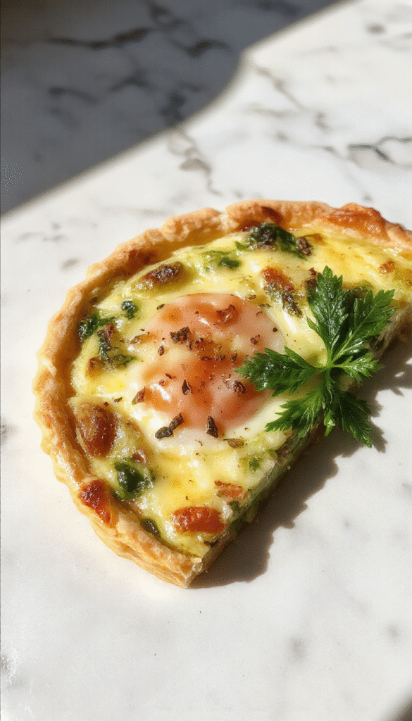 A vibrant and inviting breakfast quiche on a rustic wooden table, featuring a golden crust filled with colorful vegetables and melted cheese, garnished with fresh herbs, sunlight streaming in highlighting its fluffy texture and appealing presentation.