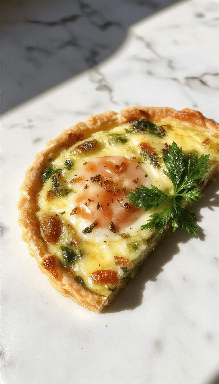 A vibrant and inviting breakfast quiche on a rustic wooden table, featuring a golden crust filled with colorful vegetables and melted cheese, garnished with fresh herbs, sunlight streaming in highlighting its fluffy texture and appealing presentation.