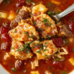 A vibrant bowl of crockpot lasagna soup featuring layers of melted cheese, ground beef, and herbs with sliced baguette and fresh basil garnish on a rustic wooden table, steam rising from the warm, hearty dish showcasing its rich tomato broth and layered ingredients.