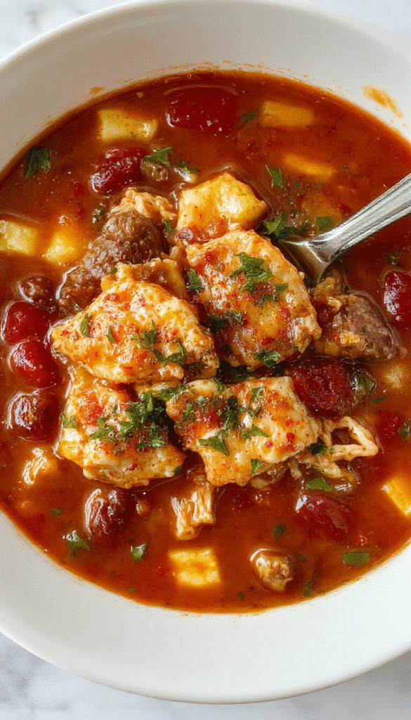 A vibrant bowl of crockpot lasagna soup featuring layers of melted cheese, ground beef, and herbs with sliced baguette and fresh basil garnish on a rustic wooden table, steam rising from the warm, hearty dish showcasing its rich tomato broth and layered ingredients.