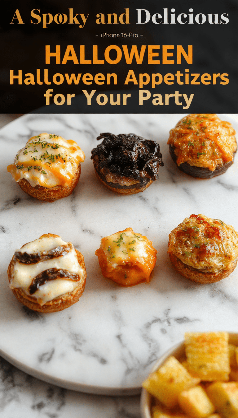 Colorful Halloween-themed appetizers arranged on a dark platter featuring jack-o'-lantern-shaped cheese balls, ghostly deviled eggs with olive eyes, and spooky veggie platter with monster faces, all with vibrant orange, black, and green accents, garnished with festive decorations and themed stationery.