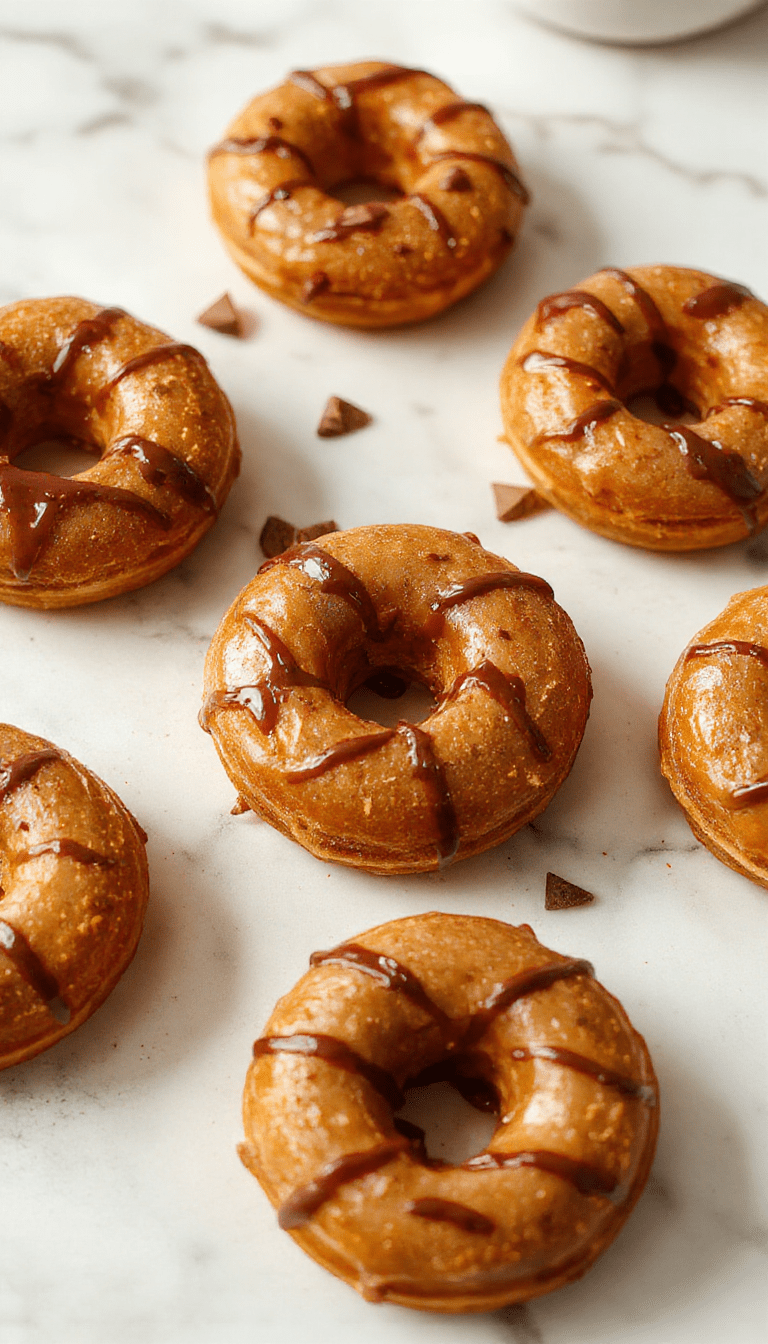 A pair of golden-brown baked pumpkin donuts topped with a light dusting of powdered sugar, arranged on a rustic wooden platter. The donuts have a moist texture visible through a thin crispy crust, garnished with a sprinkle of cinnamon. Soft autumn-colored background with caramel-colored accents complement the warm tones of the donuts, evoking a cozy fall morning.